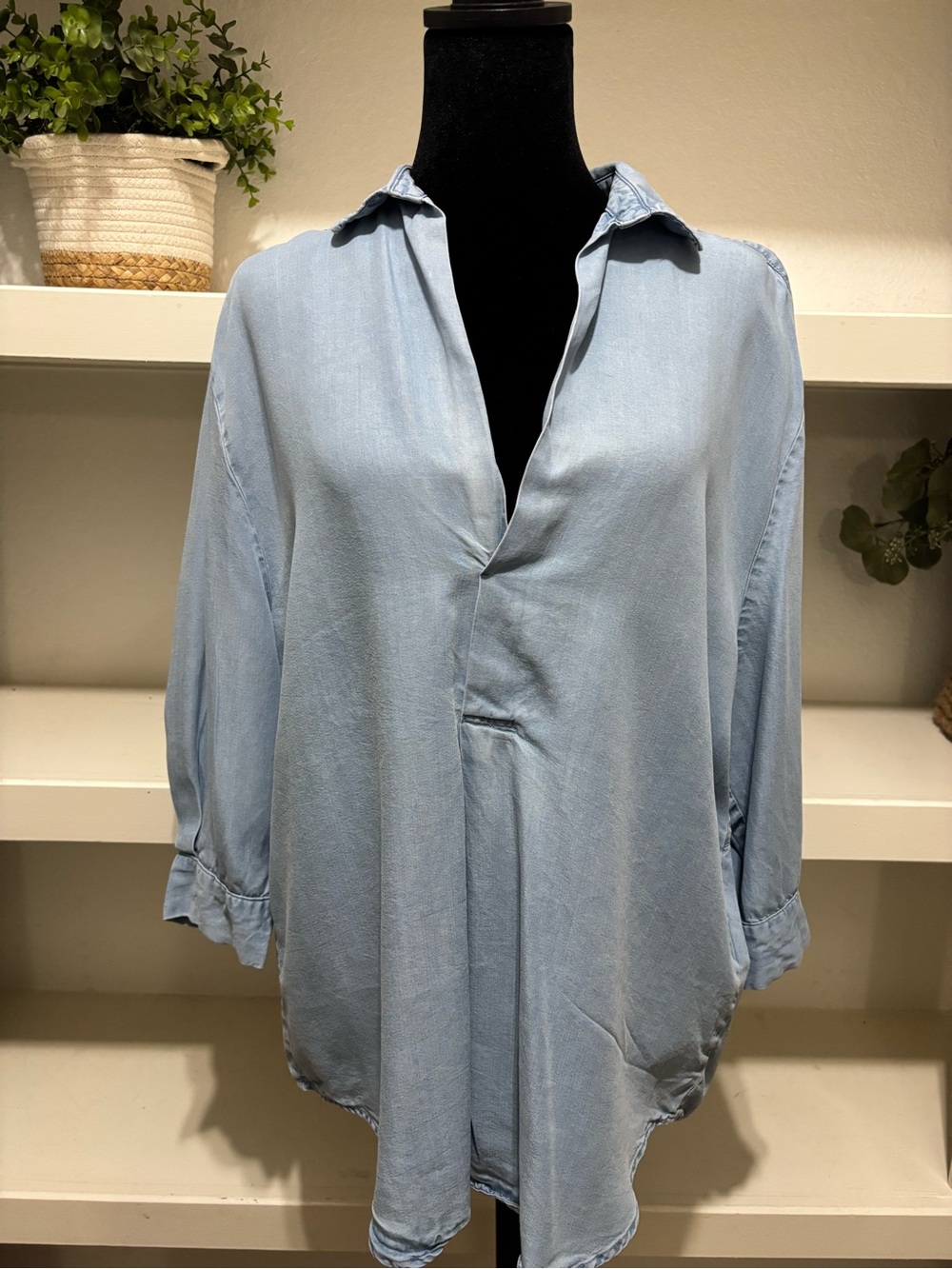 Zara Light Blue Casual Open V-Neck Button-Down Shirt